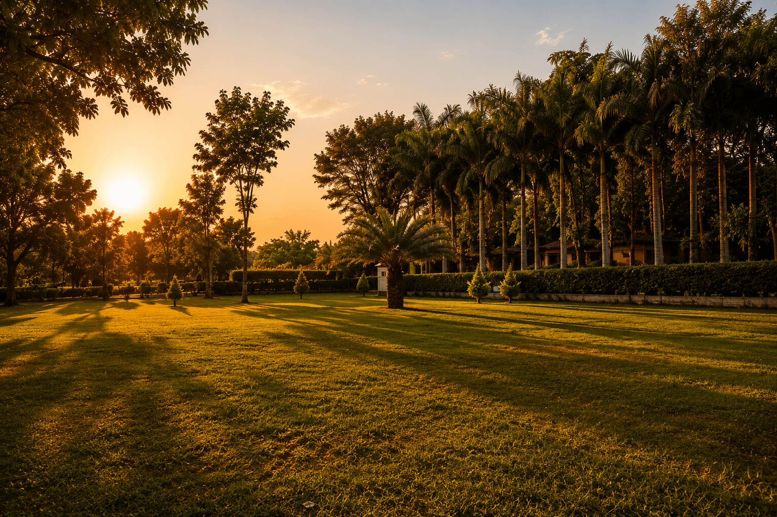 Beautiful resort lawn with palm trees and sunset glow