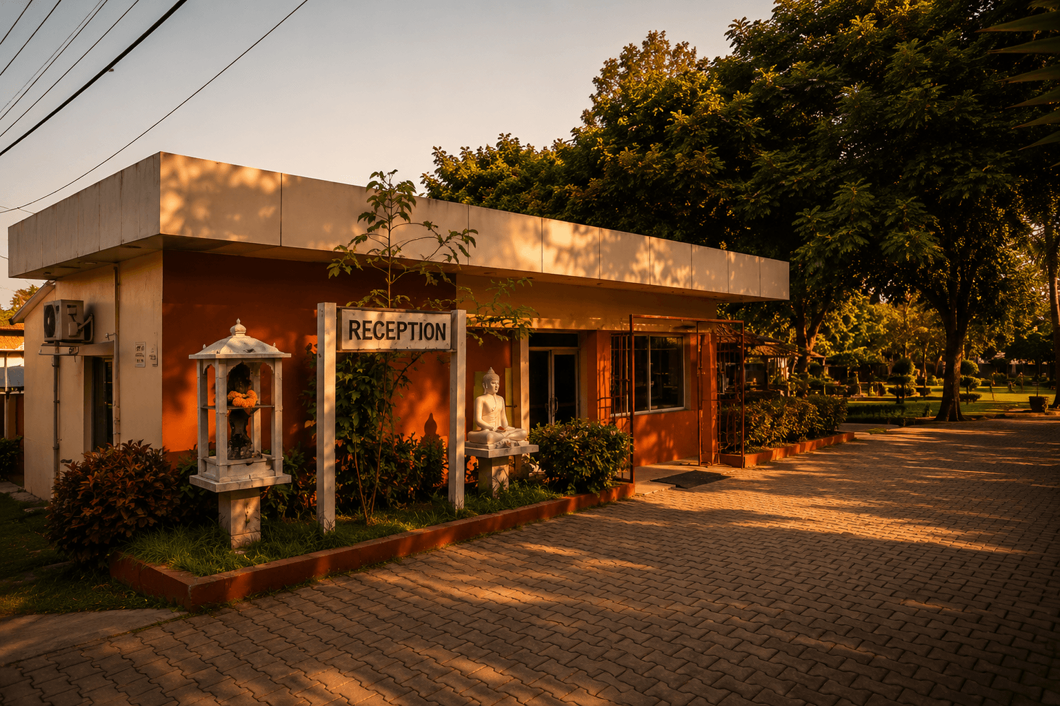 Resort reception area with a serene Buddha statue