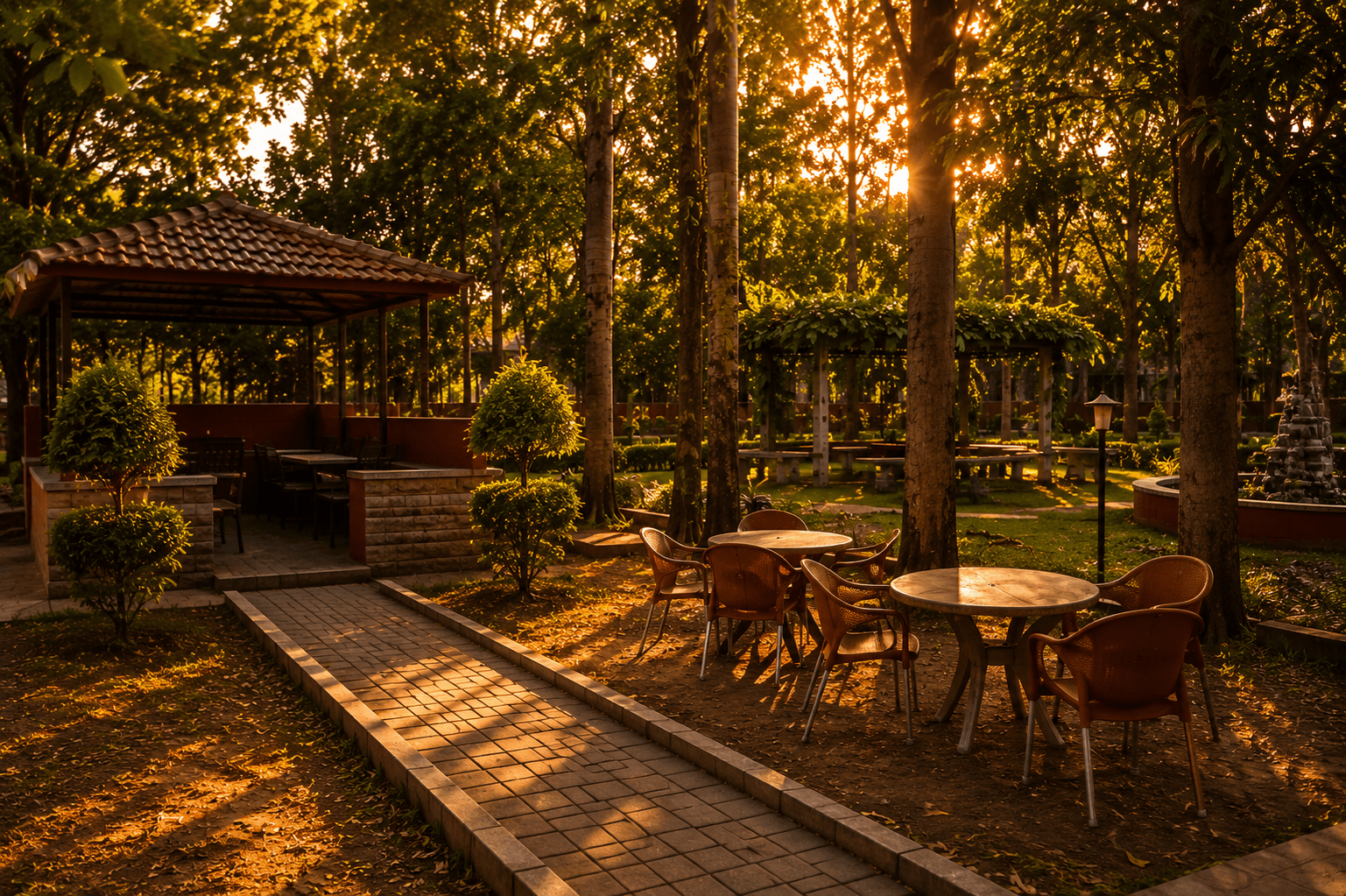 Warmly lit garden pathway and outdoor seating