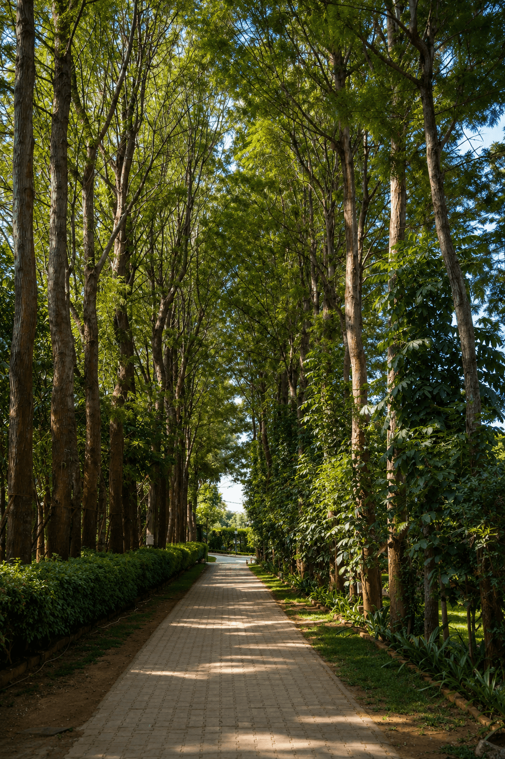 Tree-lined walkway inside Sharmada resort