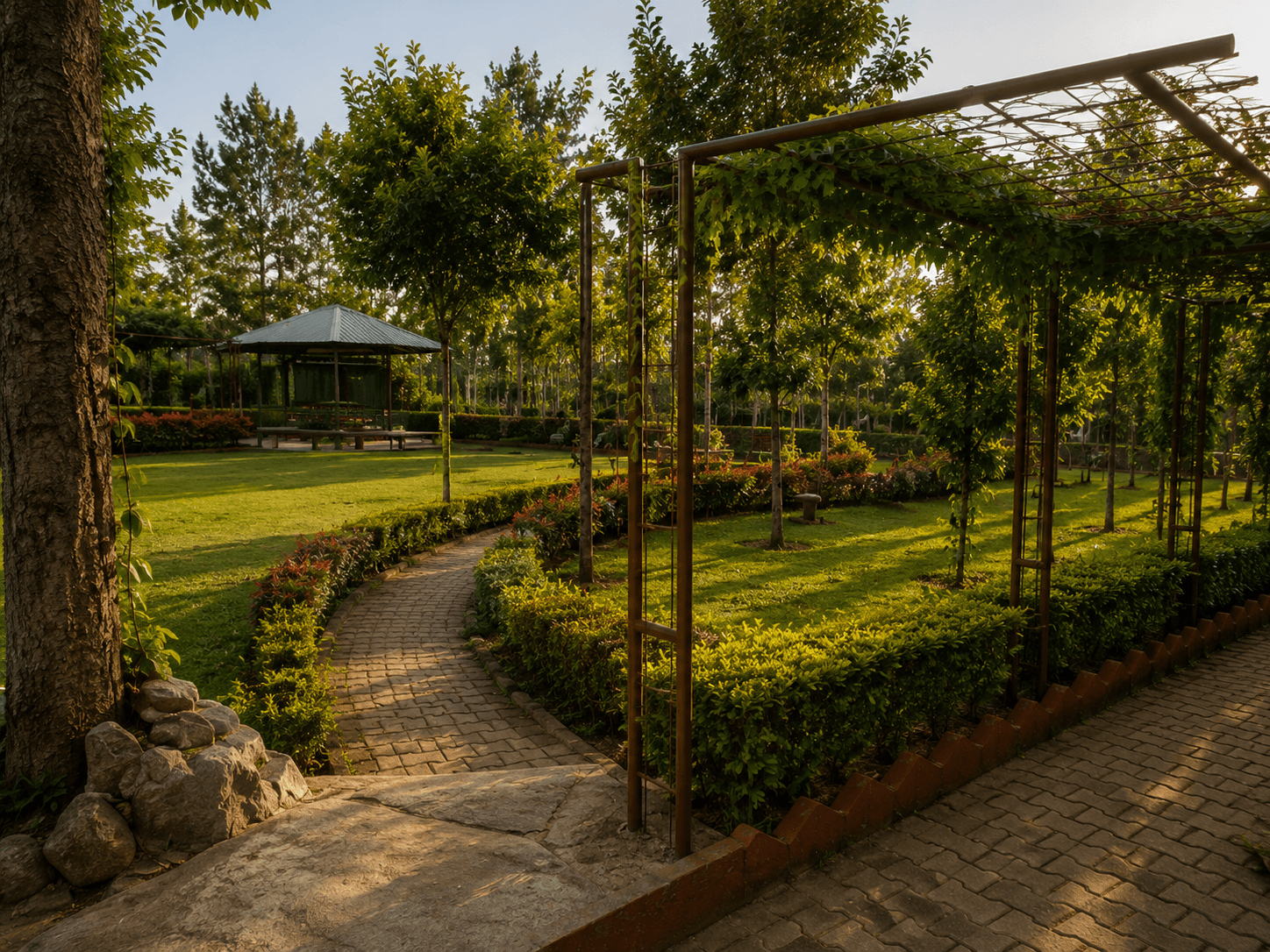 Scenic evening view of the resort gardens