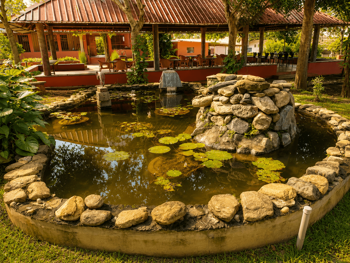 Lush resort poolside and garden view