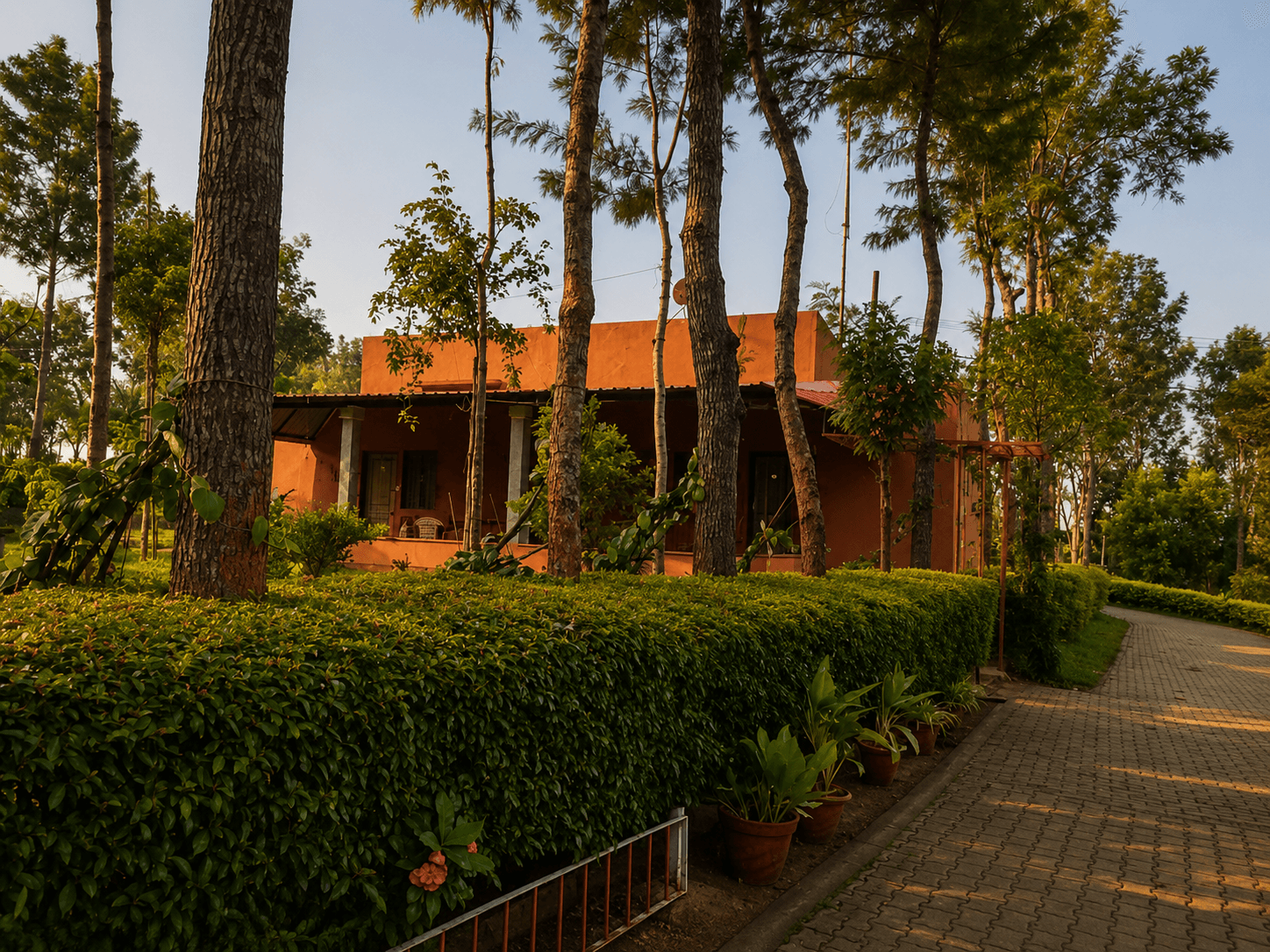Scenic resort pathway and greenery at Sharmada