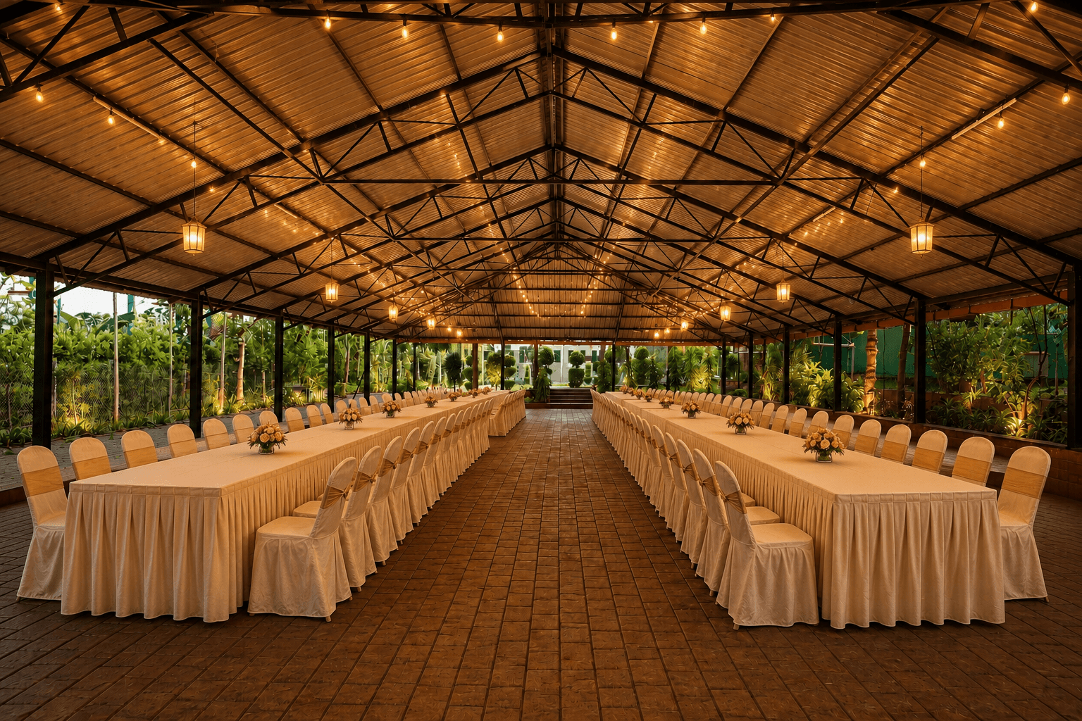 Outdoor dining under roof lit up at night at Sharmada Hidden Nest