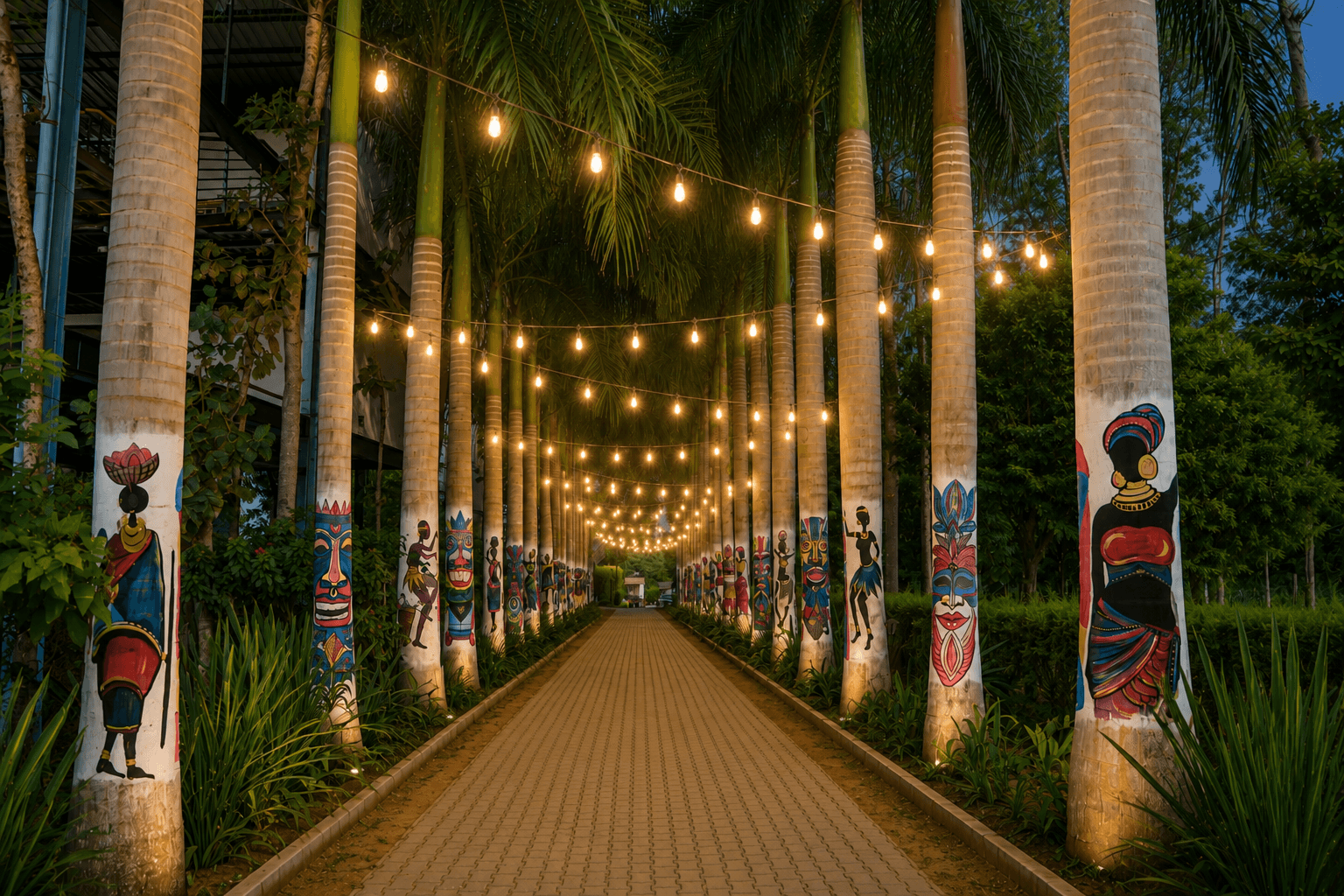Entrance pathway lined with lights at Sharmada Hidden Nest Resort front view
