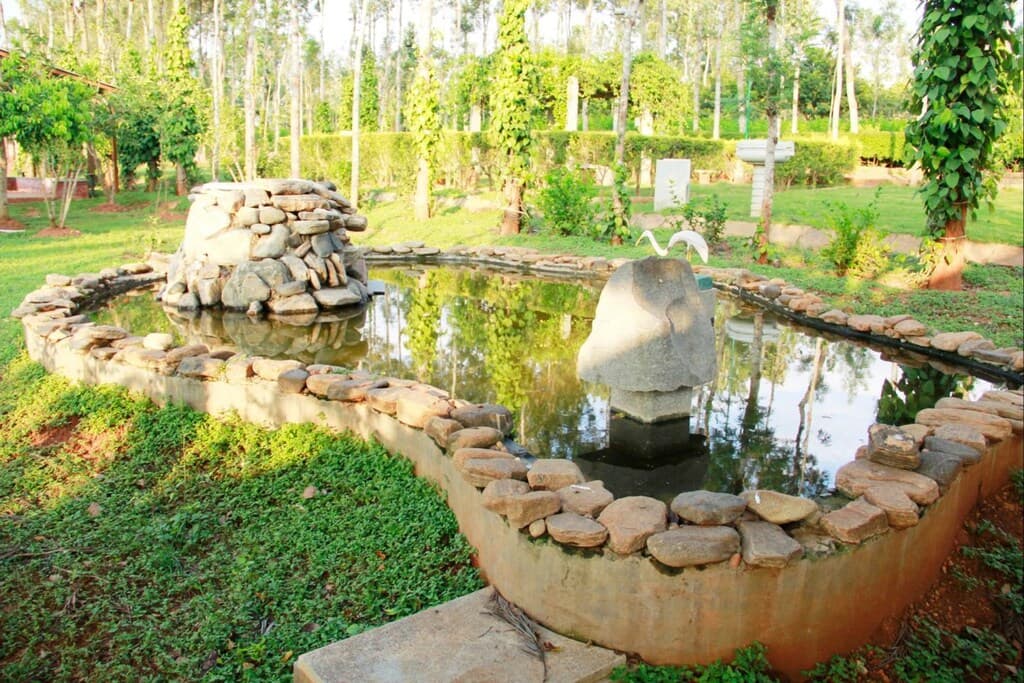 Decorative stone pond in the resort garden